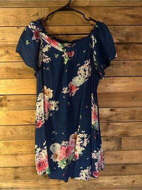DAVI & DANI Navy Floral Off-Shoulder Dress with Pink and White Blooms